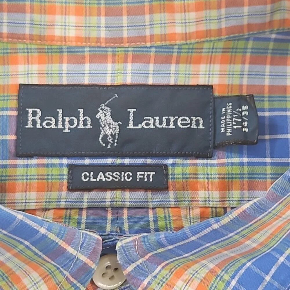 Ralph Lauren Classic Fit Shirt Men's 17 1/2 - 34/35 Blue Orange Plaid EUC Luxe‎